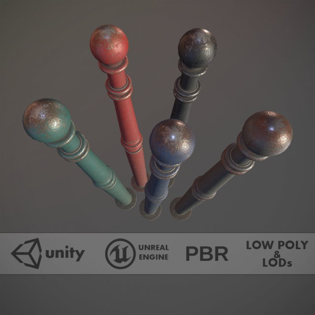 barrier bollard pack 1 v3 five color options low poly lods Model 3D .c4d .max .obj .3ds .fbx .stl .blend 