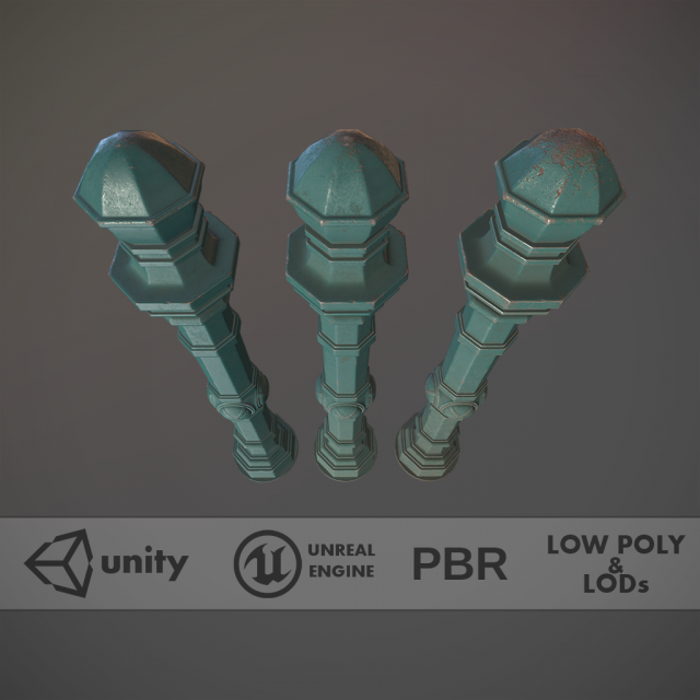 barrier bollard pack 2 v2 green three texture options low poly lods Model 3D .c4d .max .obj .3ds .fbx .stl .blend 