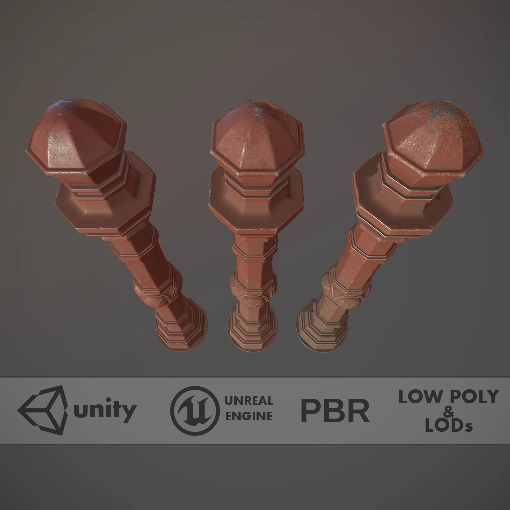 barrier bollard pack 2 v4 red three texture options low poly lods 3D Model .c4d .max .obj .3ds .fbx .stl .blend 
