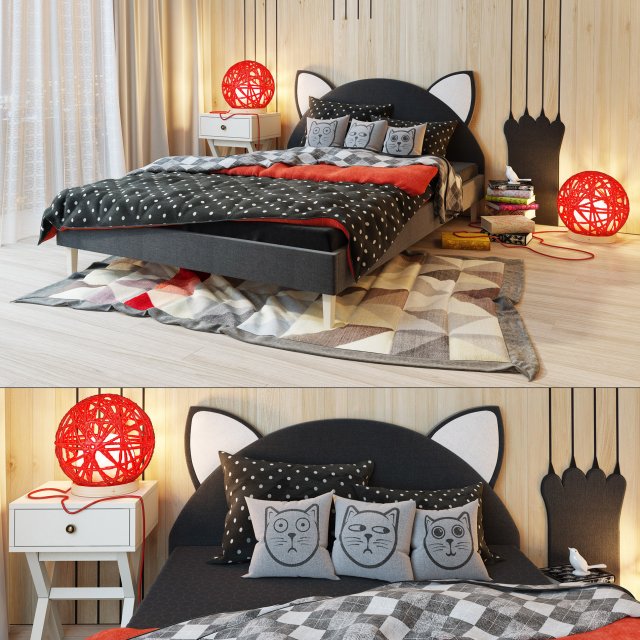 bed and wooden panel family kittenlaska 3D 模型 .c4d .max .obj .3ds .fbx .stl .blend 