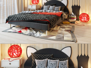 bed and wooden panel family kittenlaska 3D Model