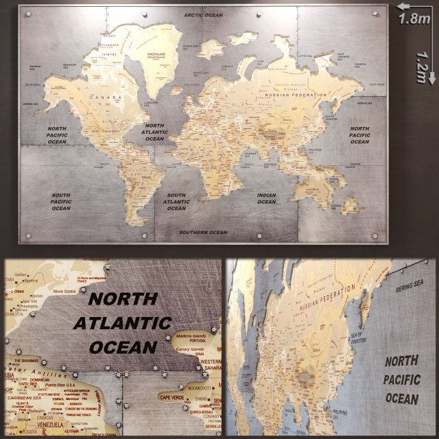 world map metall Model 3D .c4d .max .obj .3ds .fbx .stl .blend 