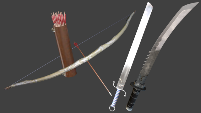 swords and bow 3D मॉडल .c4d .max .obj .3ds .fbx .stl .blend 