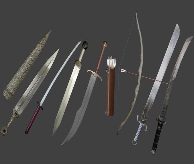 swords and bow com-pack 3D Model .c4d .max .obj .3ds .fbx .stl .blend 