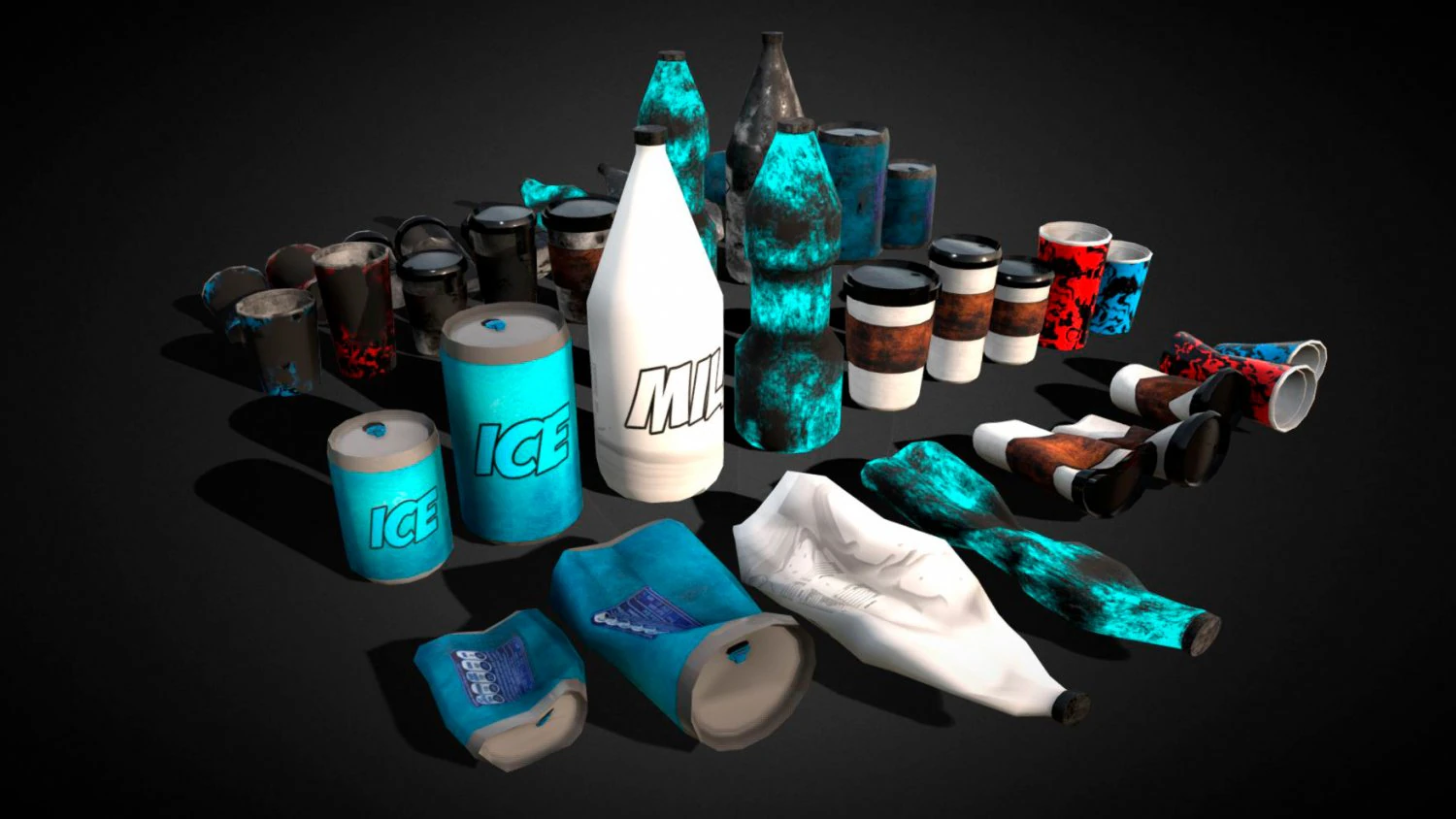 bottles and broken bottles low-poly pbr 3D Model .c4d .max .obj .3ds .fbx .stl .blend 