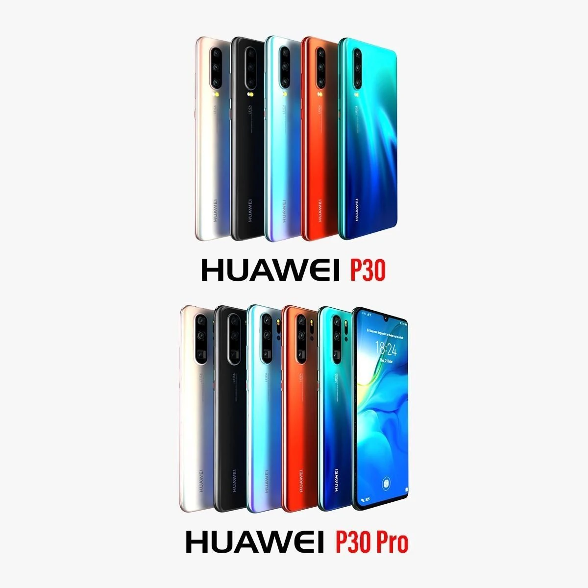 huawei p30 and huawei p30 pro all colors 3D Model .c4d .max .obj .3ds .fbx .stl .blend