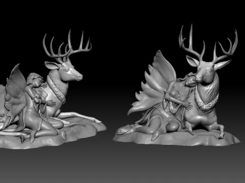 हिरण की मूर्ति पर सोती हुई परी - फौना 3D प्रिंट मॉडल