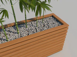 wooden planter box with bamboos and pebbles 3D Model
