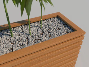 wooden planter box with bamboos and pebbles 3D Model