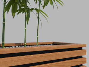wooden planter box with bamboos and pebbles 3D Model