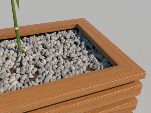 wooden planter box with bamboos and pebbles 3D Model