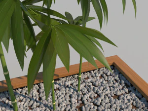 wooden planter box with bamboos and pebbles 3D Model