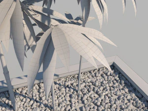 wooden planter box with bamboos and pebbles 3D Model