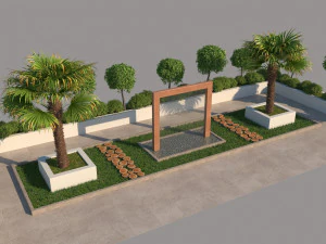 fontana con doccia a pioggia nel design del giardino con piante Modello 3D