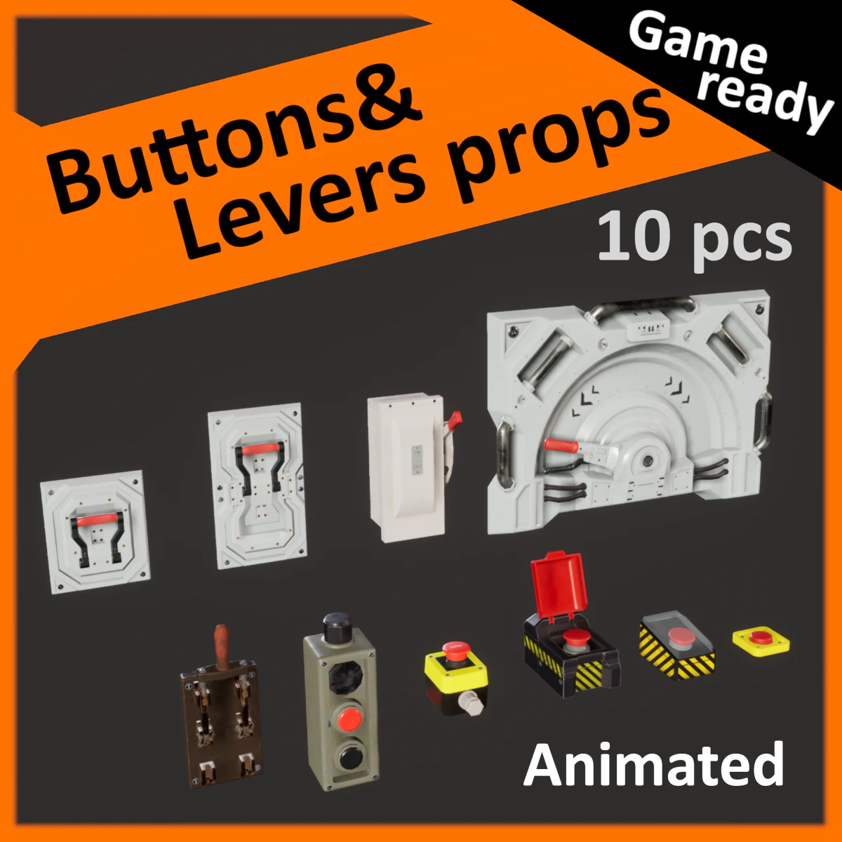 buttons and levers pack 10 pcs animated 3D Model .c4d .max .obj .3ds .fbx .stl .blend