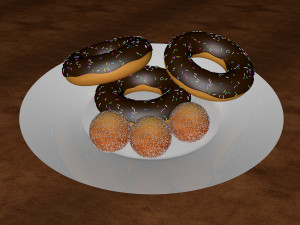 chocolate donut and mini donut with plate 3D Model