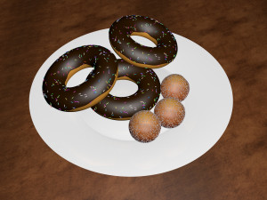 chocolate donut and mini donut with plate 3D Model
