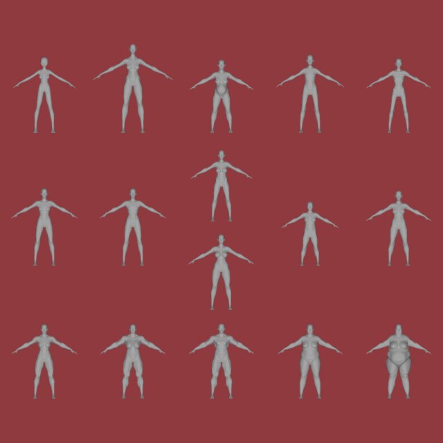 16 female characters uv same mesh 3D Модель .c4d .max .obj .3ds .fbx .stl .blend