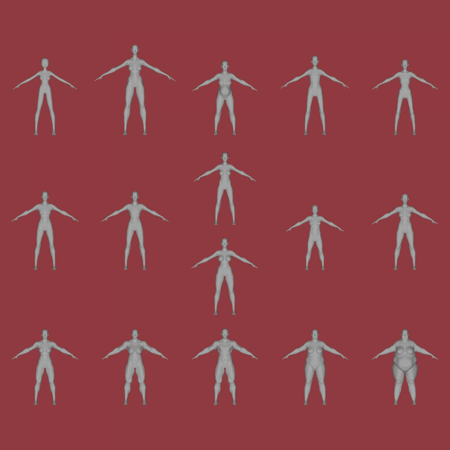 16 female characters uv same mesh 3D Model .c4d .max .obj .3ds .fbx .stl .blend 