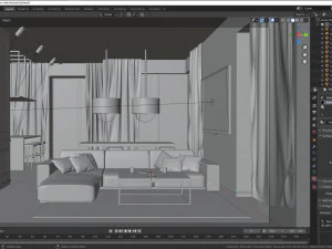 living room with kitchen 3D Model