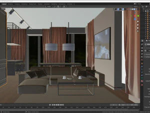 living room with kitchen 3D Model