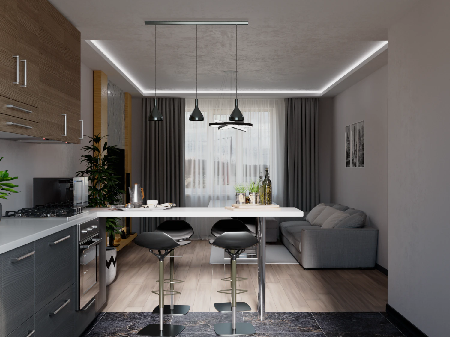 Living room with kitchen 3D Model .c4d .max .obj .3ds .fbx .stl .blend