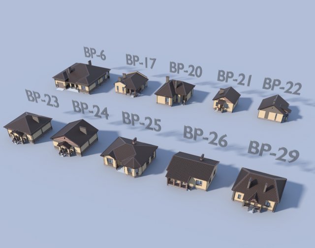 collection of 10 models of residential one-story houses 3D Модель .c4d .max .obj .3ds .fbx .stl .blend 