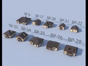 collection of 10 models of residential one-story houses 3D Model