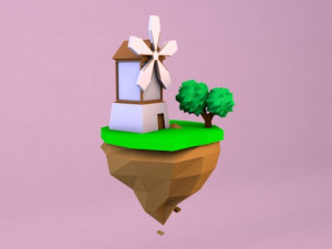cartoon mill on island 3D 模型