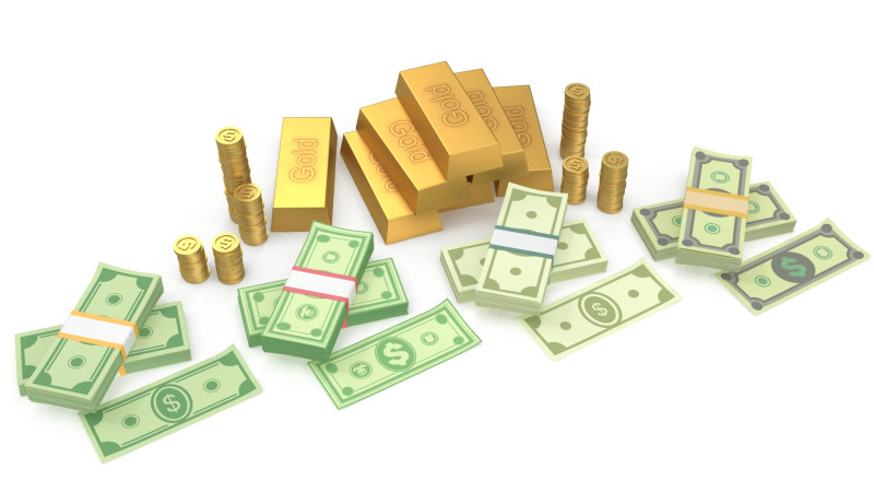 Cash coins and gold bars Model 3D .c4d .max .obj .3ds .fbx .stl .blend