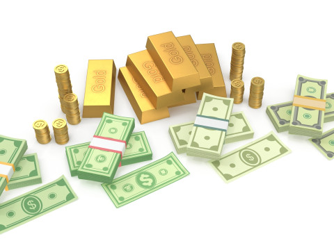 Cash coins and gold bars 3D Model
