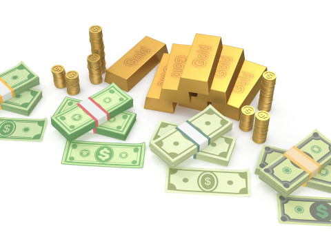 Cash coins and gold bars Model 3D