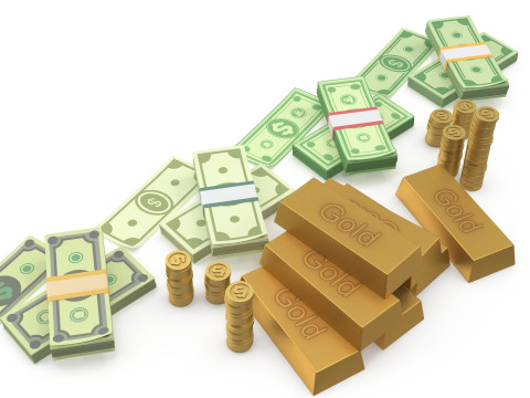 Cash coins and gold bars Model 3D