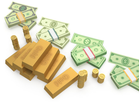 Cash coins and gold bars Model 3D