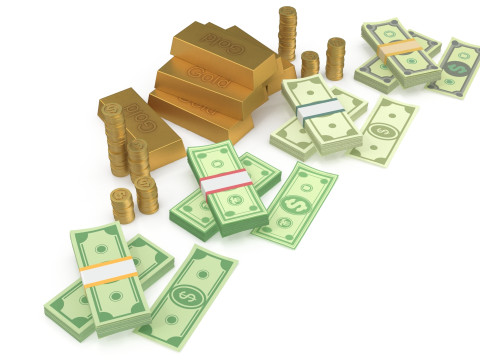 Cash coins and gold bars Model 3D