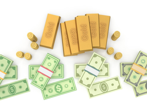 Cash coins and gold bars Model 3D