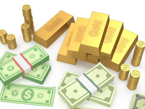 Cash coins and gold bars Model 3D
