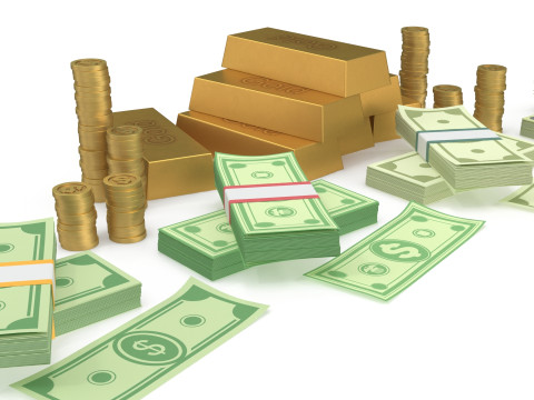 Cash coins and gold bars Model 3D