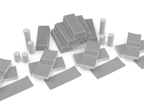 Cash coins and gold bars Model 3D