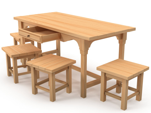 Table and stools 3D Model