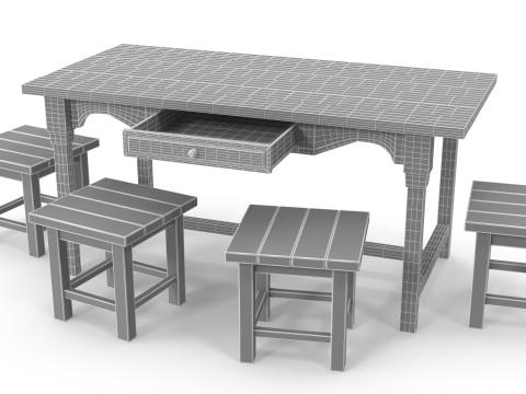 Table and stools 3D Model