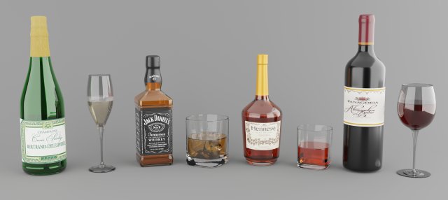 high poly set of 4 bottles with glasses 3D Model .c4d .max .obj .3ds .fbx .stl .blend 