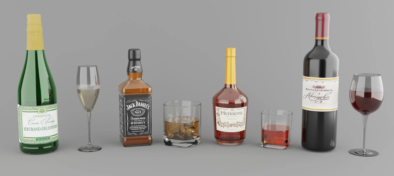 high poly set of 4 bottles with glasses 3D Model .c4d .max .obj .3ds .fbx .stl .blend 