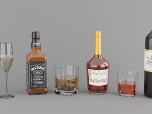 high poly set of 4 bottles with glasses 3D Model