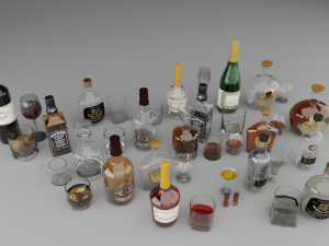 high poly set bottles with glasses Model 3D