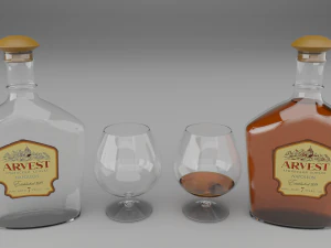 high poly set bottles with glasses 3D Model