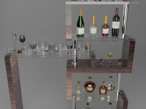 high poly set bottles with glasses 3D Model