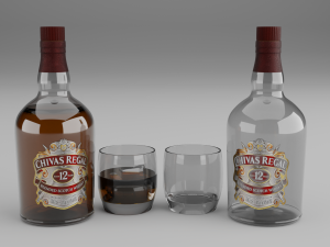high poly set bottles with glasses Model 3D