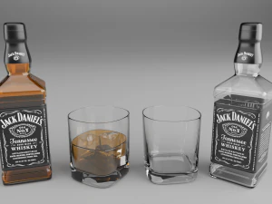 high poly set bottles with glasses 3D Model