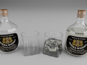 high poly set bottles with glasses Model 3D